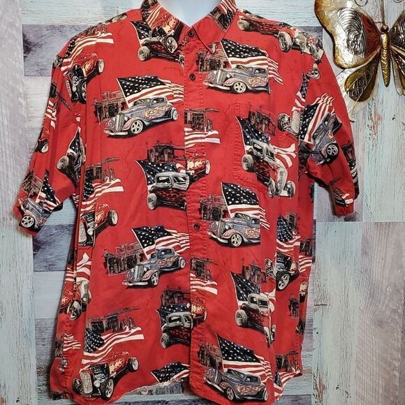 Men's Sz XXL RedHead Red Hot Rods Flames & Flags Button Up Short Sleeve Shirt - Picture 1 of 10